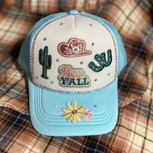 NEW✨ DIY "Hey Y'all” Bedazzled Western Trucker Hat - Turquoise"